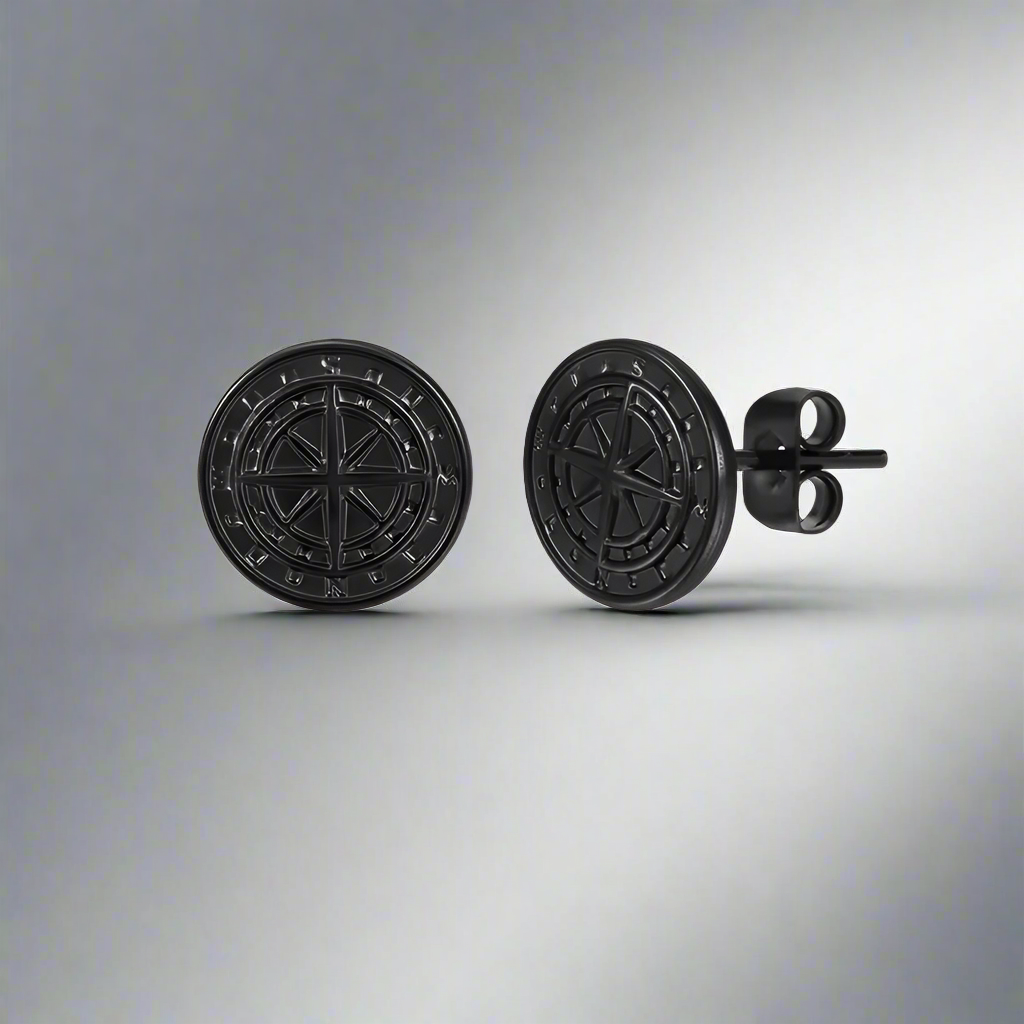 Antique Compass Stud Earrings, Oxidized Stainless Steel