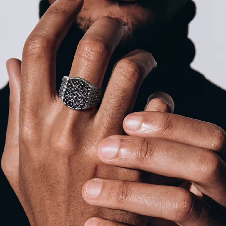 Biker Signet Ring – Stainless Steel with Black CZ Stones