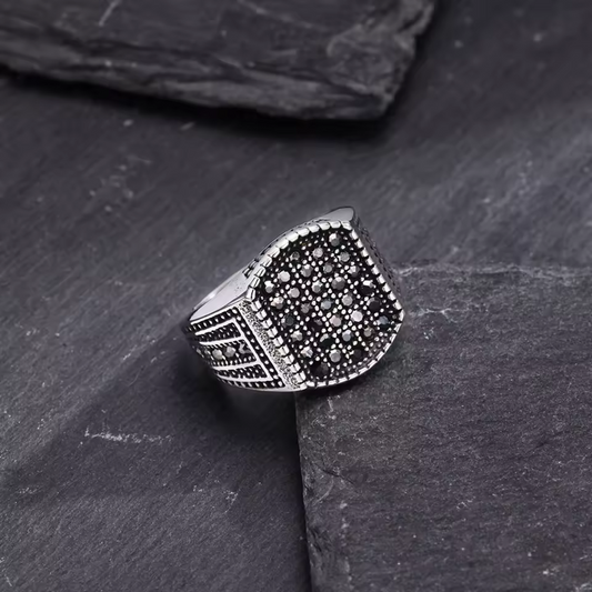 Biker Signet Ring – Stainless Steel with Black CZ Stones