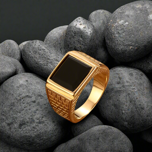 Gold Stainless Steel - Black Stone Men's Signet Ring