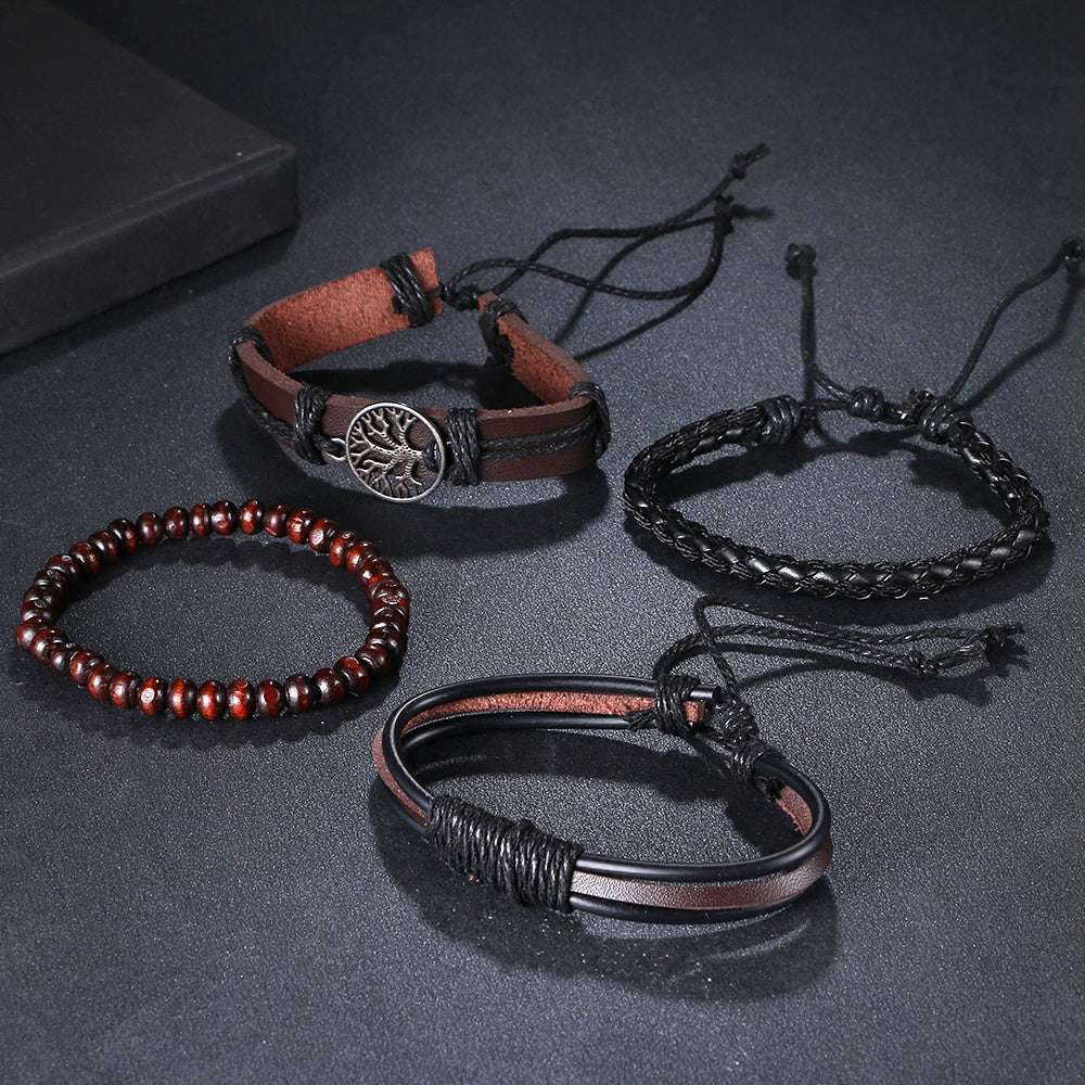 3/4Pcs/ Set Braided Wrap Leather Bracelets for Men Vintage Life Tree Rudder Charm Wood Beads Ethnic Tribal Wristbands