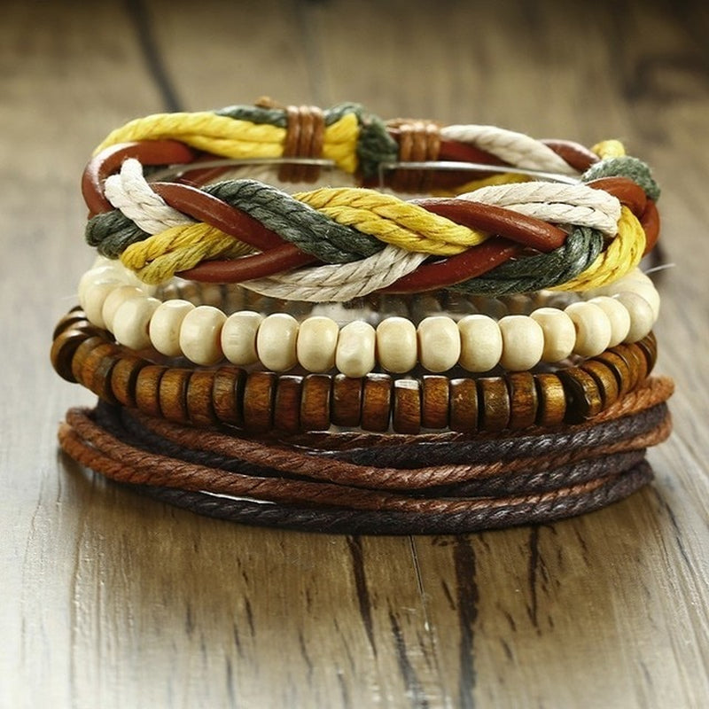 Mix 4Pcs/ Set Braided Wrap Leather Bracelets for Men Women Vintage Wooden Beads Ethnic Tribal Wristbands Bracelet Rudder