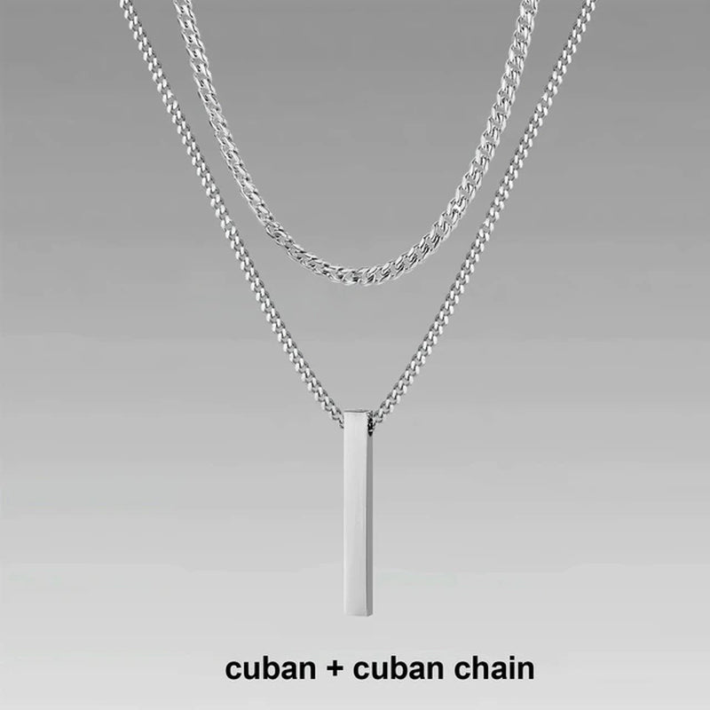 3D Vertical Bar Necklaces for Men, Layering Stainless Steel Geometric Pendant, Layered Wheat Rope Cuban Chain, Boy Collar