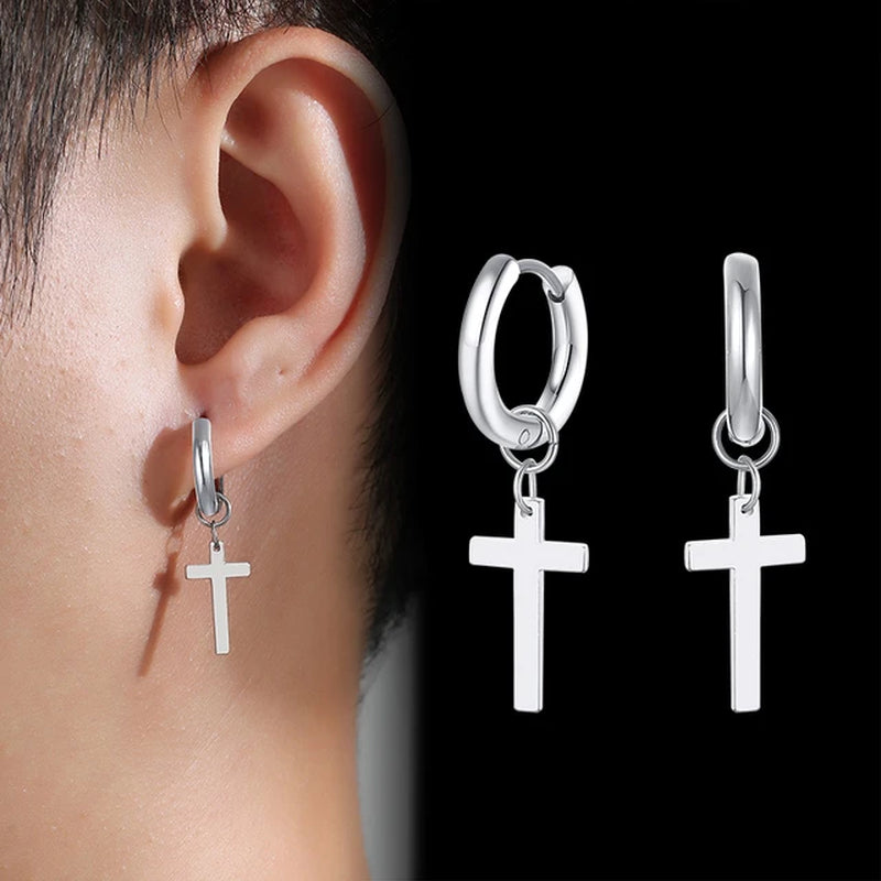 Simple Cross Dangle Earrings for Men Women Minimalist Stainless Steel Drop Small Hoop Metal Ear Jewelry anti Allergy