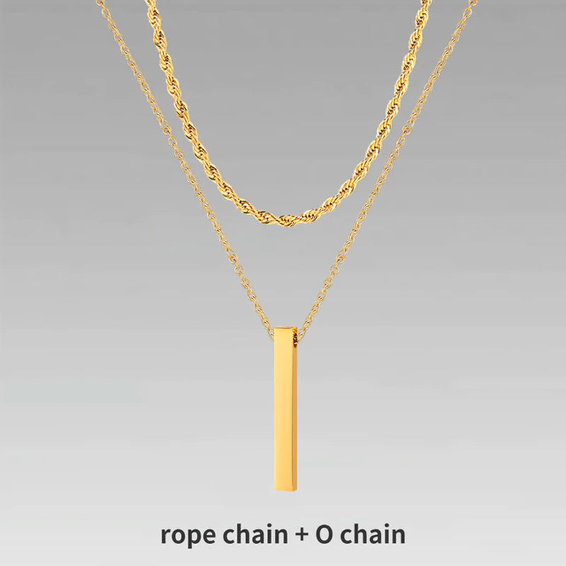 3D Vertical Bar Necklaces for Men, Layering Stainless Steel Geometric Pendant, Layered Wheat Rope Cuban Chain, Boy Collar