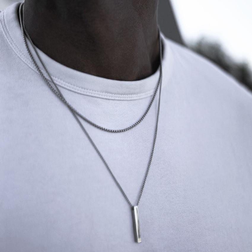 3D Vertical Bar Necklaces for Men, Layering Stainless Steel Geometric Pendant, Layered Wheat Rope Cuban Chain, Boy Collar