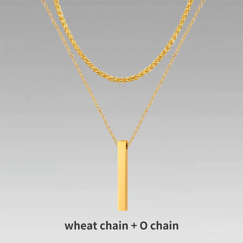 3D Vertical Bar Necklaces for Men, Layering Stainless Steel Geometric Pendant, Layered Wheat Rope Cuban Chain, Boy Collar