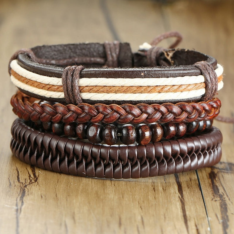 Mix 4Pcs/ Set Braided Wrap Leather Bracelets for Men Women Vintage Wooden Beads Ethnic Tribal Wristbands Bracelet Rudder