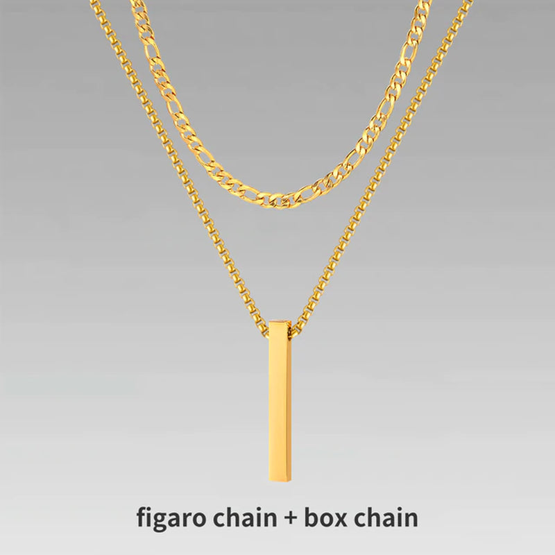 3D Vertical Bar Necklaces for Men, Layering Stainless Steel Geometric Pendant, Layered Wheat Rope Cuban Chain, Boy Collar