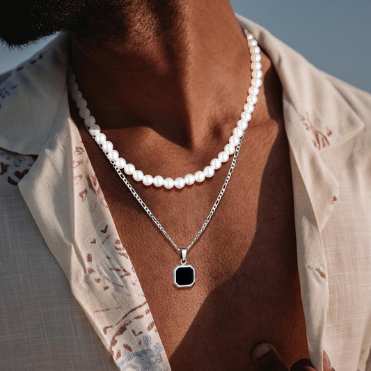 2Pcs Necklaces Set for Men, Geometric Square Pendant with 55Cm Rope Box Cuban Chain, Simulated Pearl Chain Steel Collar