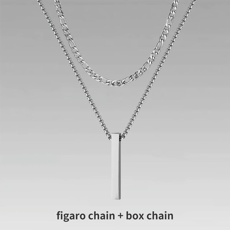 3D Vertical Bar Necklaces for Men, Layering Stainless Steel Geometric Pendant, Layered Wheat Rope Cuban Chain, Boy Collar