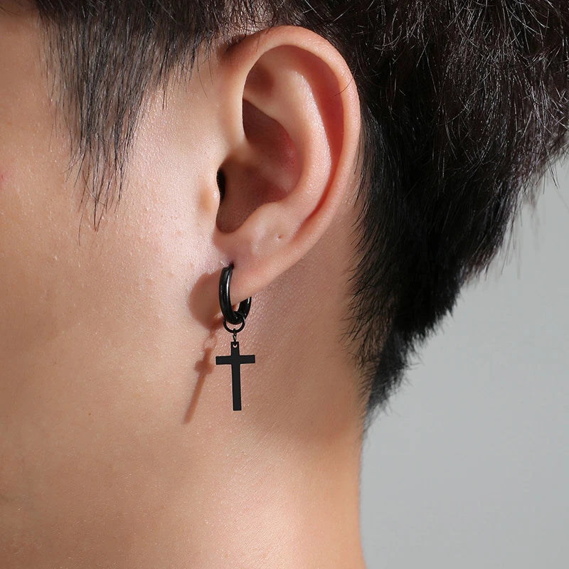 Simple Cross Dangle Earrings for Men Women Minimalist Stainless Steel Drop Small Hoop Metal Ear Jewelry anti Allergy