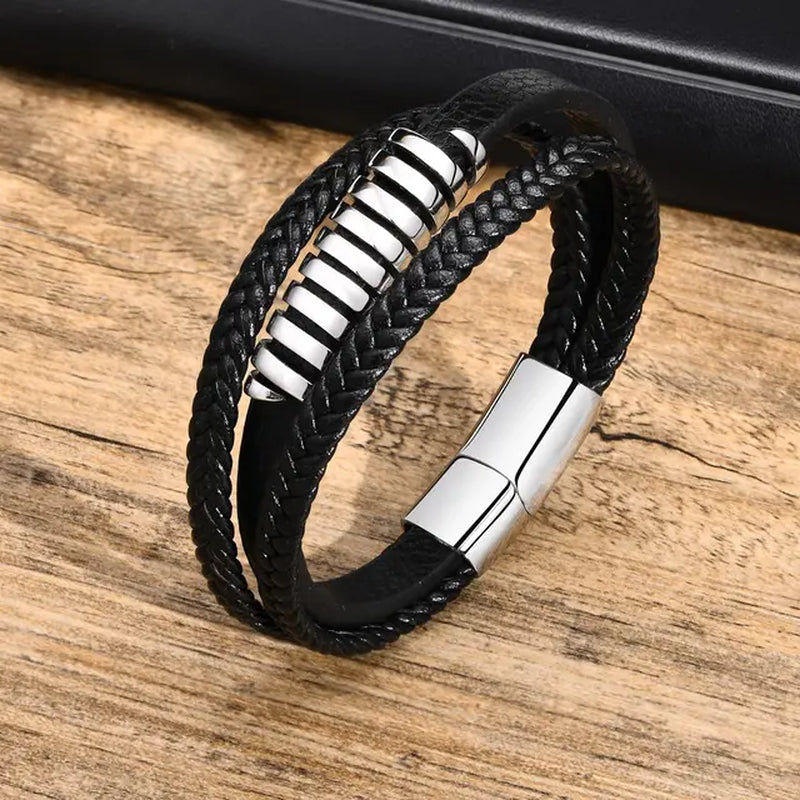 Norse Viking Bracelets for Men Boys, Black Mens Leather Bracelet Bangle Birthday Christmas Gifts to Father Dad Husband BFF