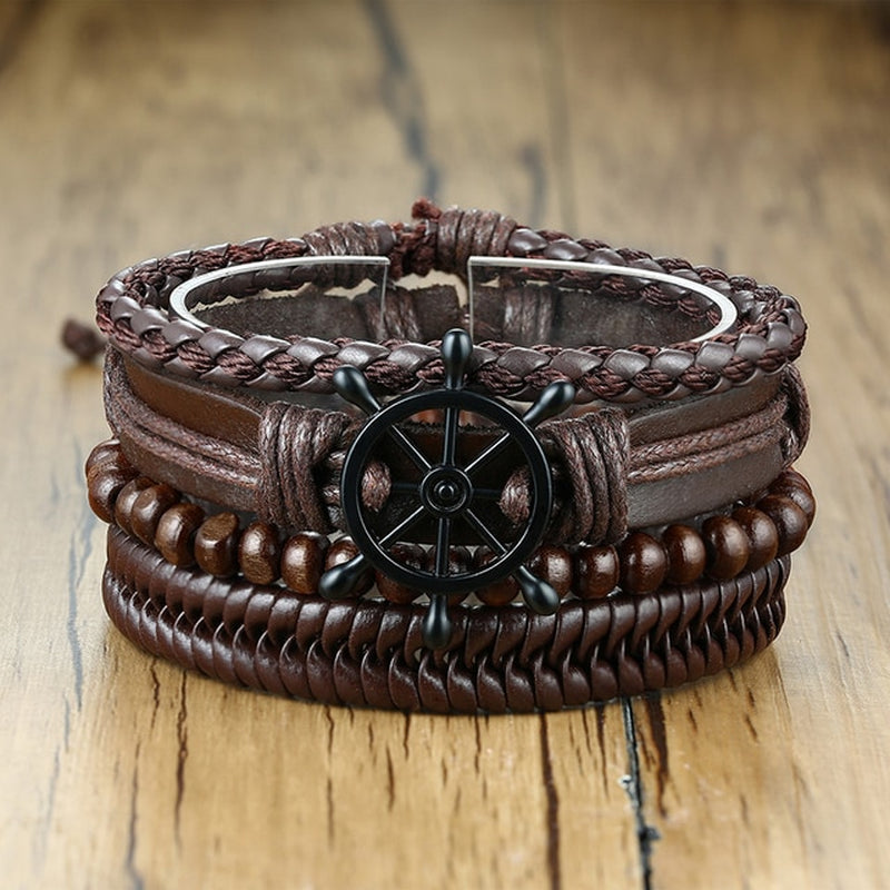 Mix 4Pcs/ Set Braided Wrap Leather Bracelets for Men Women Vintage Wooden Beads Ethnic Tribal Wristbands Bracelet Rudder