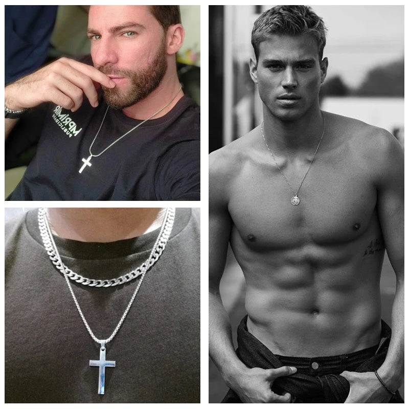 Classic Cross Necklace Men,Minimalist Stainless Steel Christianity Faith Pendant Jewelry,Prayer Gift for Him