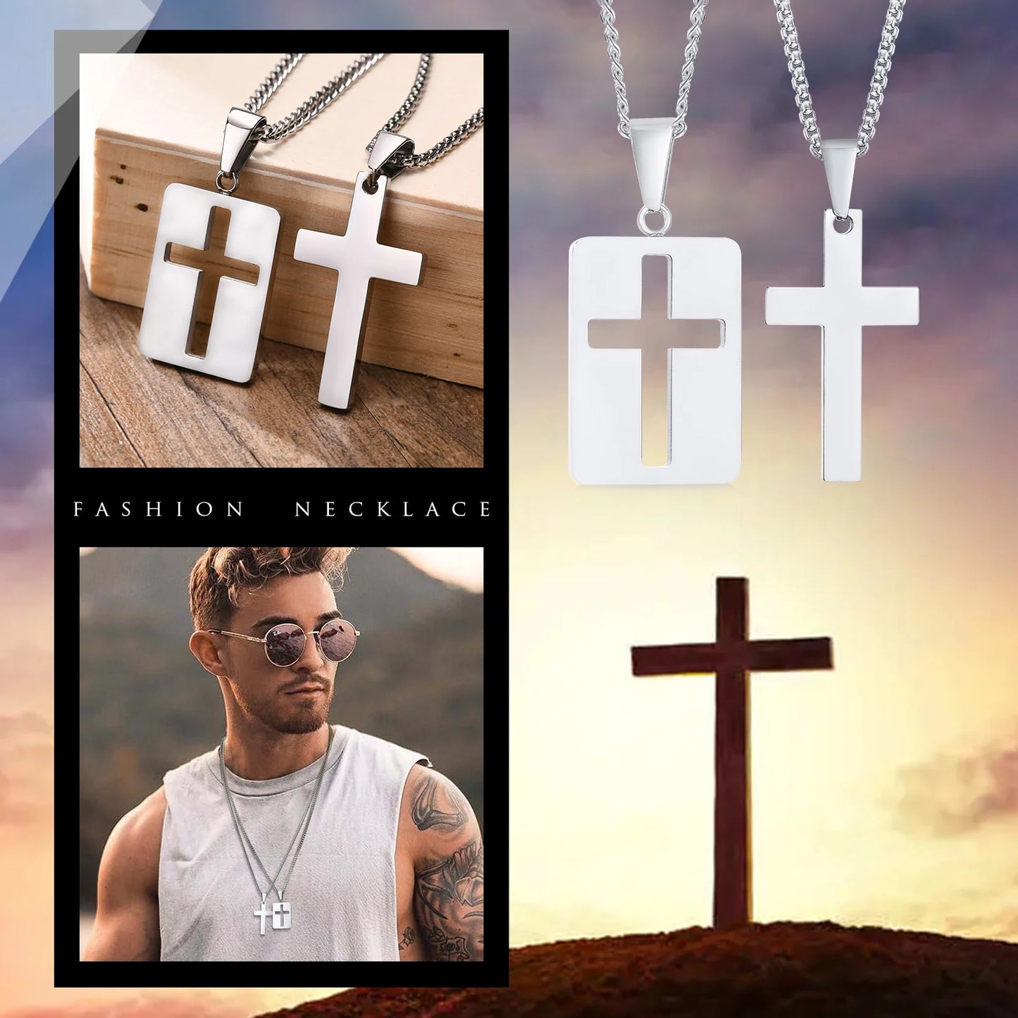 Simple Plain Cross Pendant and Dogtag Duo Necklace Set for Men Women,High Polished Stainless Steel Christian Prayer Jewelry