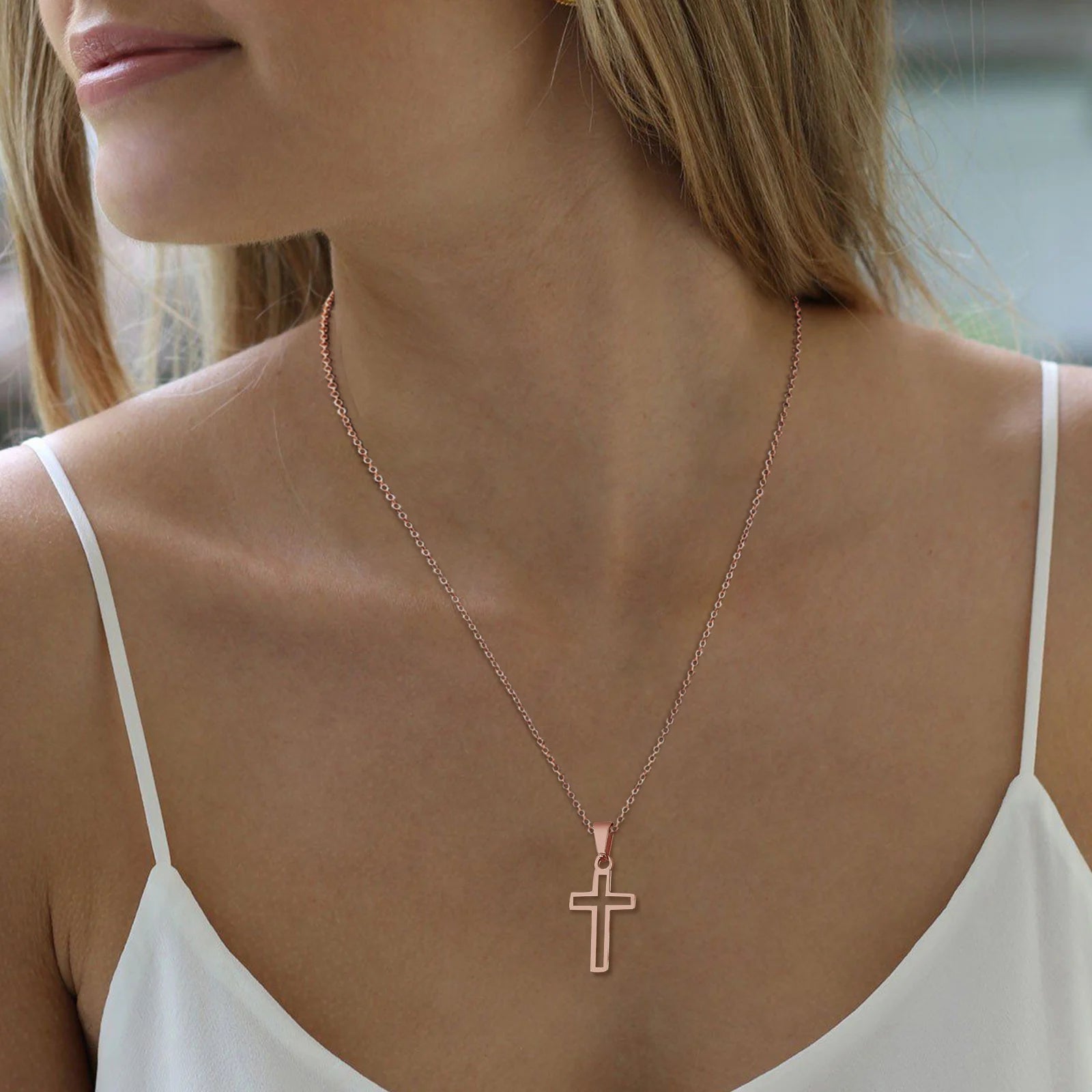 Cutout Cross Necklace for Men Women, Stainless Steel Hollow Cross Pendant with 24" Box Chain, Religious Faith Christ Collar