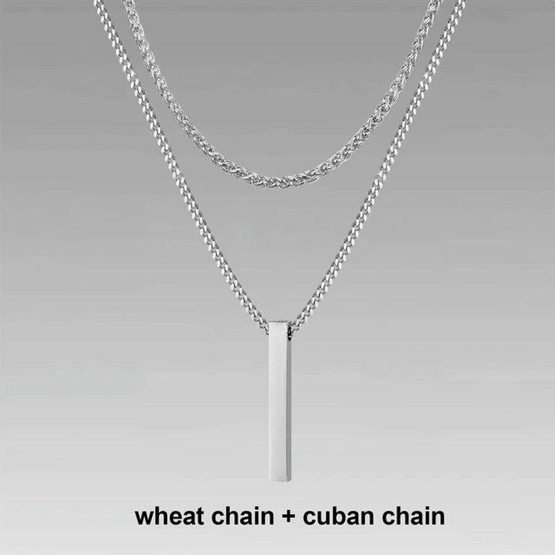 3D Vertical Bar Necklaces for Men, Layering Stainless Steel Geometric Pendant, Layered Wheat Rope Cuban Chain, Boy Collar