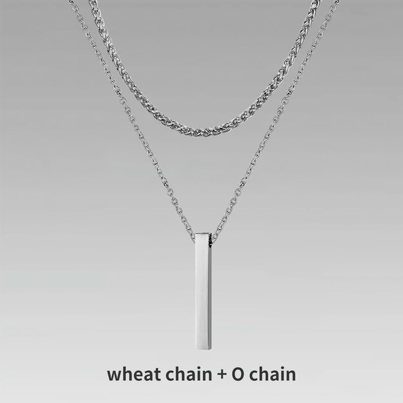 3D Vertical Bar Necklaces for Men, Layering Stainless Steel Geometric Pendant, Layered Wheat Rope Cuban Chain, Boy Collar