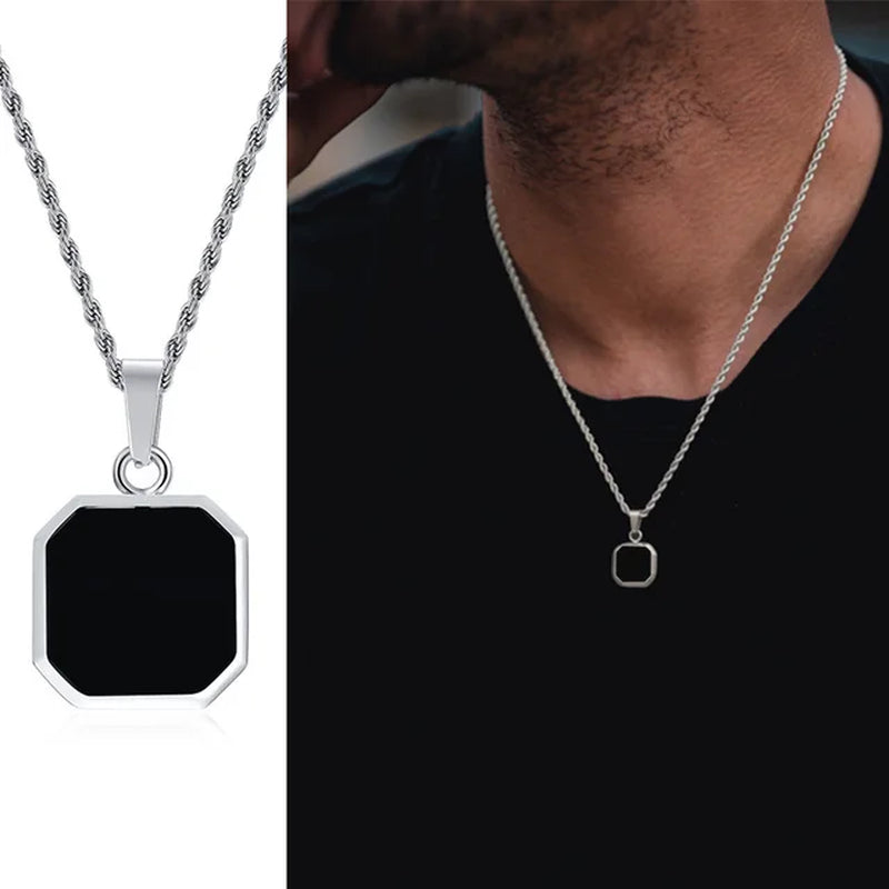 2Pcs Necklaces Set for Men, Geometric Square Pendant with 55Cm Rope Box Cuban Chain, Simulated Pearl Chain Steel Collar