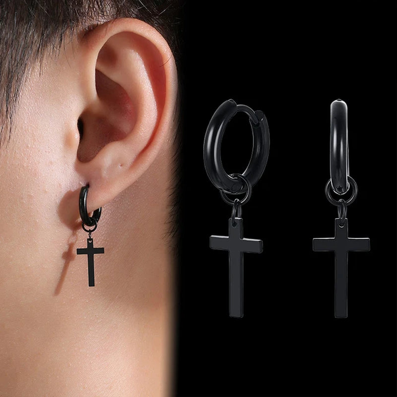 Simple Cross Dangle Earrings for Men Women Minimalist Stainless Steel Drop Small Hoop Metal Ear Jewelry anti Allergy