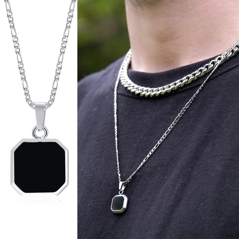 2Pcs Necklaces Set for Men, Geometric Square Pendant with 55Cm Rope Box Cuban Chain, Simulated Pearl Chain Steel Collar