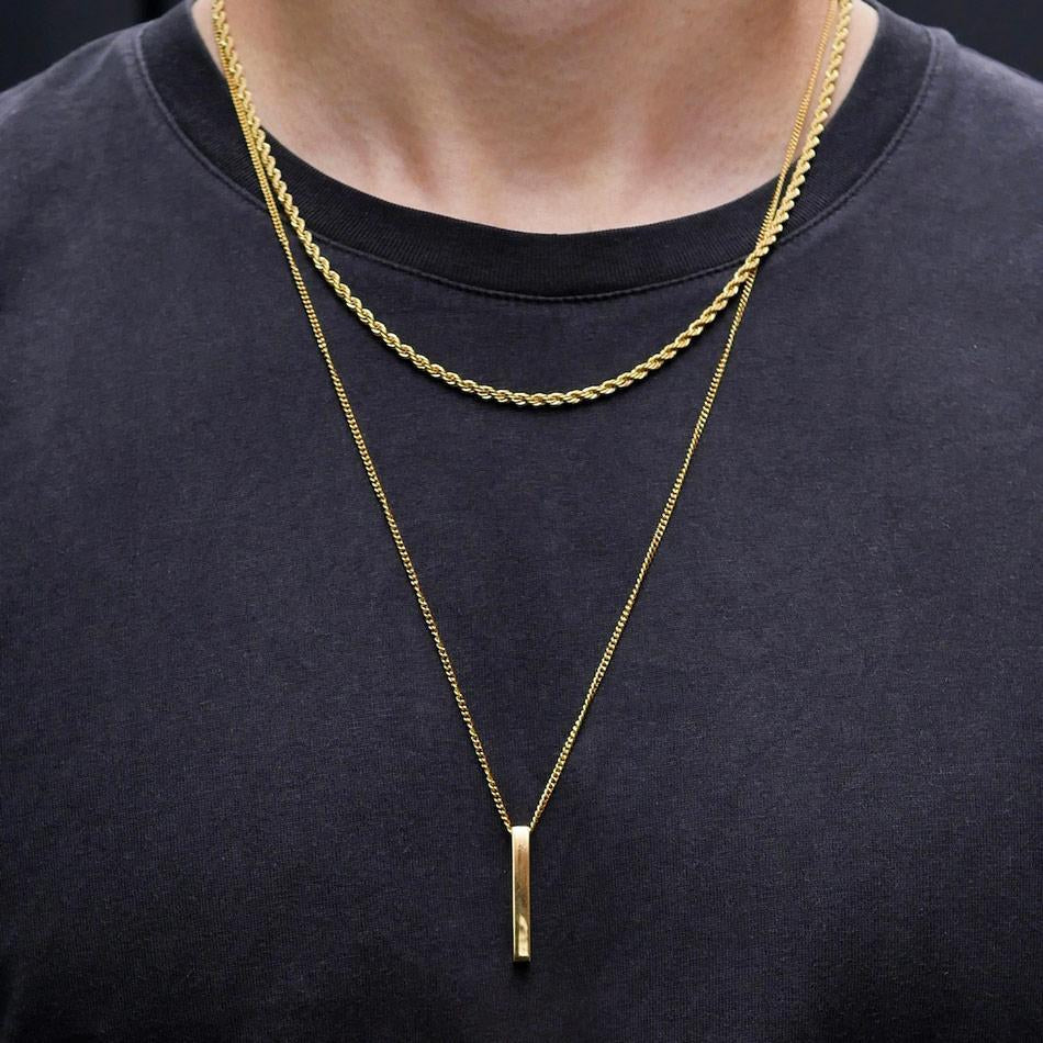 3D Vertical Bar Necklaces for Men, Layering Stainless Steel Geometric Pendant, Layered Wheat Rope Cuban Chain, Boy Collar