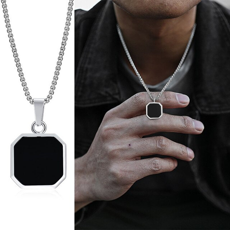 2Pcs Necklaces Set for Men, Geometric Square Pendant with 55Cm Rope Box Cuban Chain, Simulated Pearl Chain Steel Collar