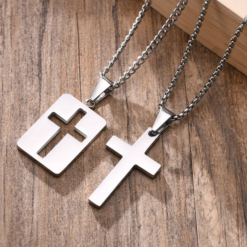 Simple Plain Cross Pendant and Dogtag Duo Necklace Set for Men Women,High Polished Stainless Steel Christian Prayer Jewelry