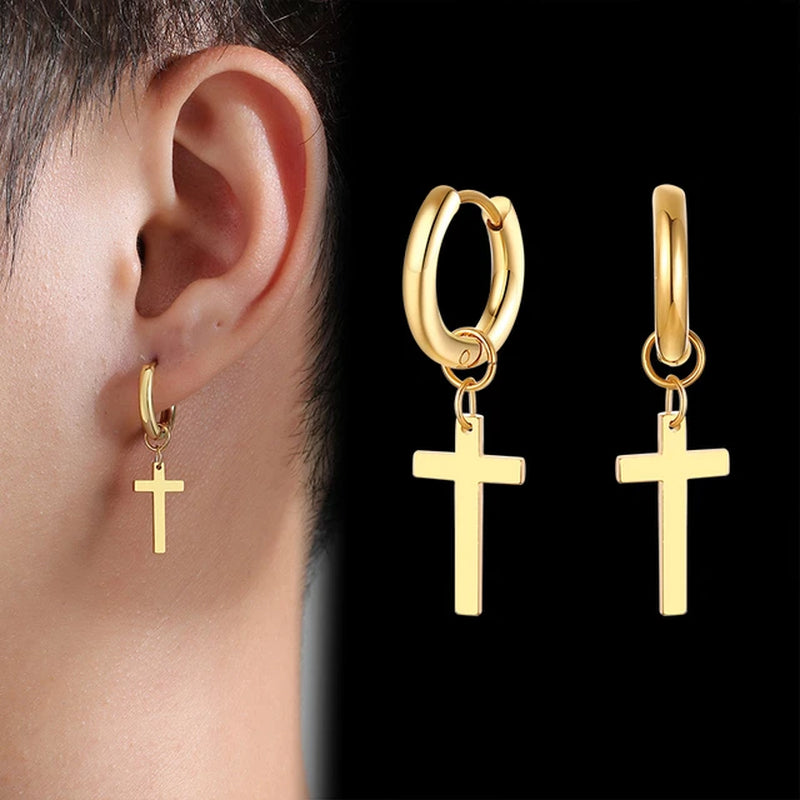 Simple Cross Dangle Earrings for Men Women Minimalist Stainless Steel Drop Small Hoop Metal Ear Jewelry anti Allergy