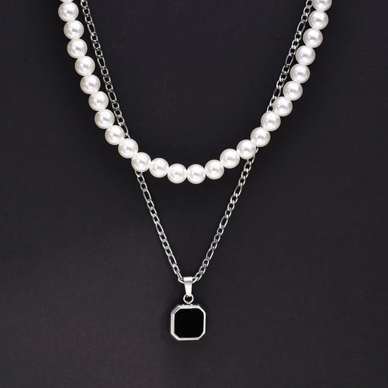 2Pcs Necklaces Set for Men, Geometric Square Pendant with 55Cm Rope Box Cuban Chain, Simulated Pearl Chain Steel Collar