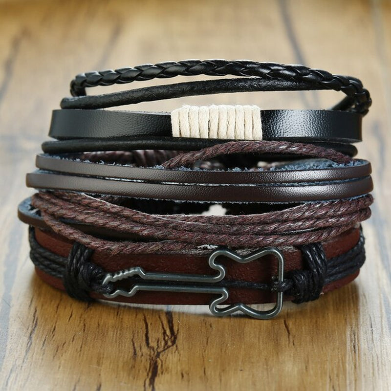 Mix 4Pcs/ Set Braided Wrap Leather Bracelets for Men Women Vintage Wooden Beads Ethnic Tribal Wristbands Bracelet Rudder