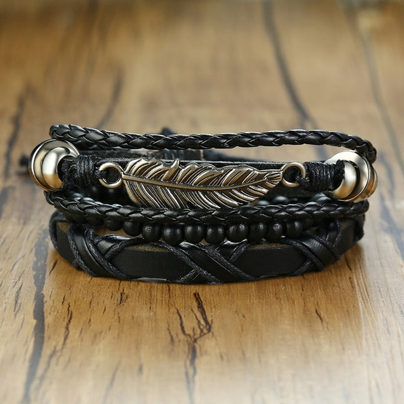 Mix 4Pcs/ Set Braided Wrap Leather Bracelets for Men Women Vintage Wooden Beads Ethnic Tribal Wristbands Bracelet Rudder