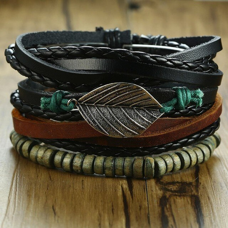 Mix 4Pcs/ Set Braided Wrap Leather Bracelets for Men Women Vintage Wooden Beads Ethnic Tribal Wristbands Bracelet Rudder