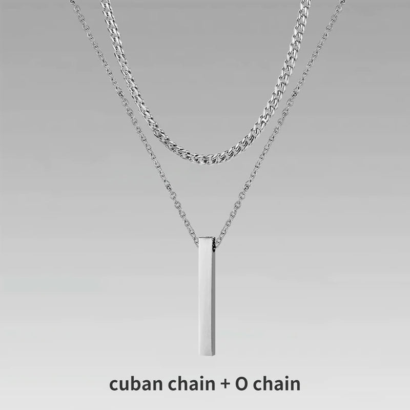 3D Vertical Bar Necklaces for Men, Layering Stainless Steel Geometric Pendant, Layered Wheat Rope Cuban Chain, Boy Collar