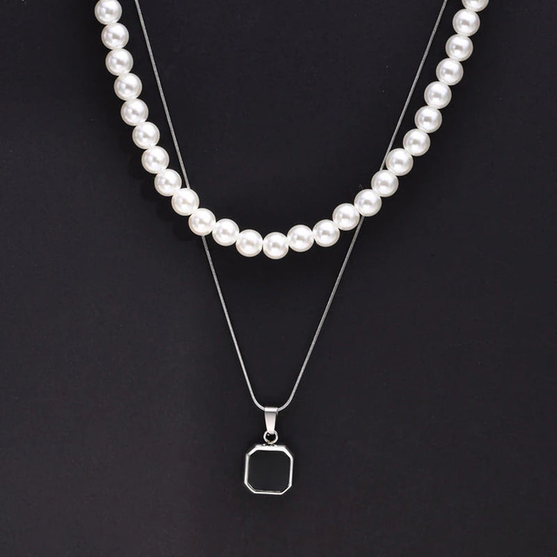 2Pcs Necklaces Set for Men, Geometric Square Pendant with 55Cm Rope Box Cuban Chain, Simulated Pearl Chain Steel Collar