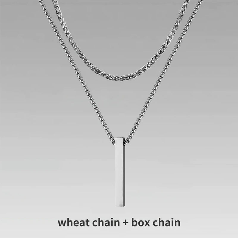 3D Vertical Bar Necklaces for Men, Layering Stainless Steel Geometric Pendant, Layered Wheat Rope Cuban Chain, Boy Collar