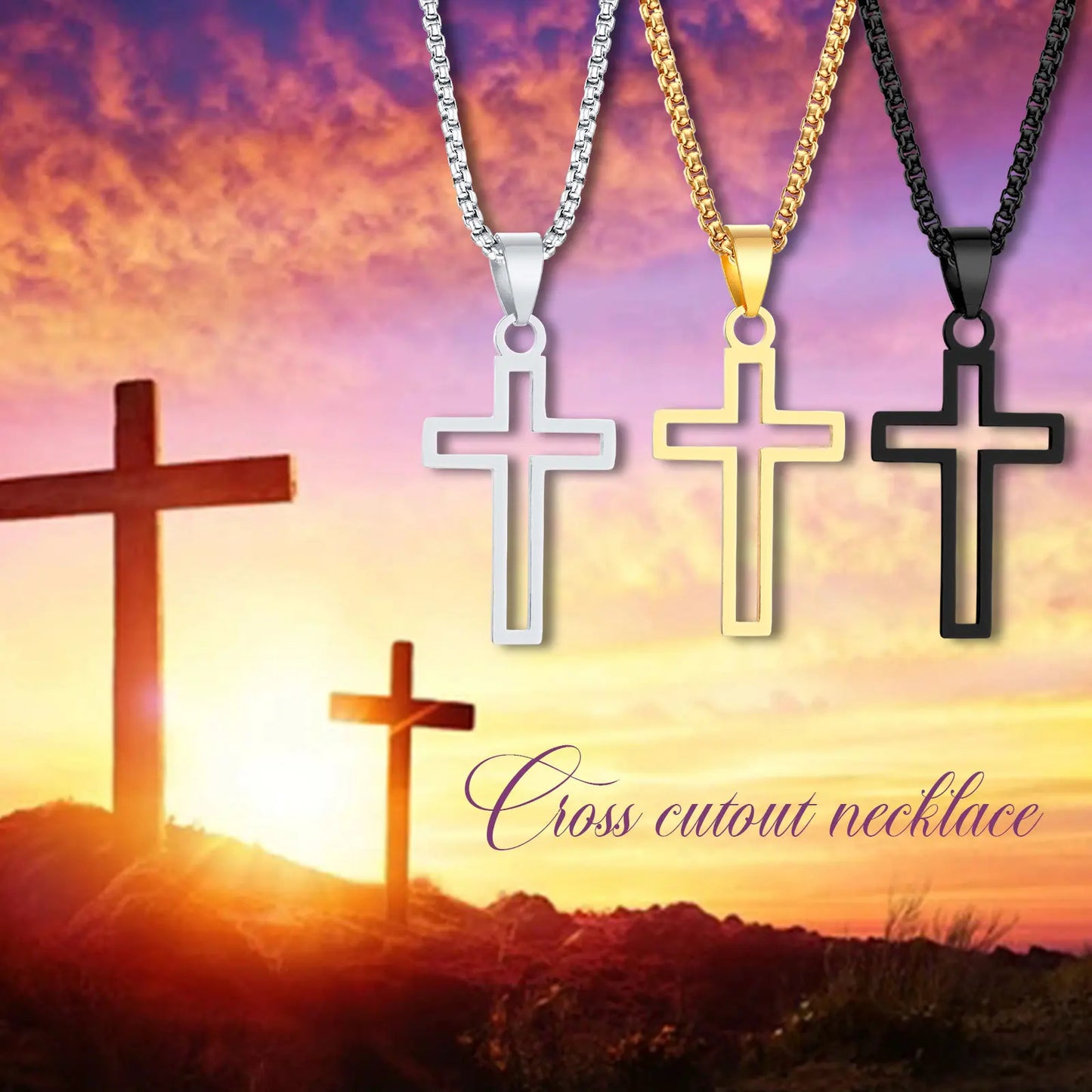 Cutout Cross Necklace for Men Women, Stainless Steel Hollow Cross Pendant with 24" Box Chain, Religious Faith Christ Collar