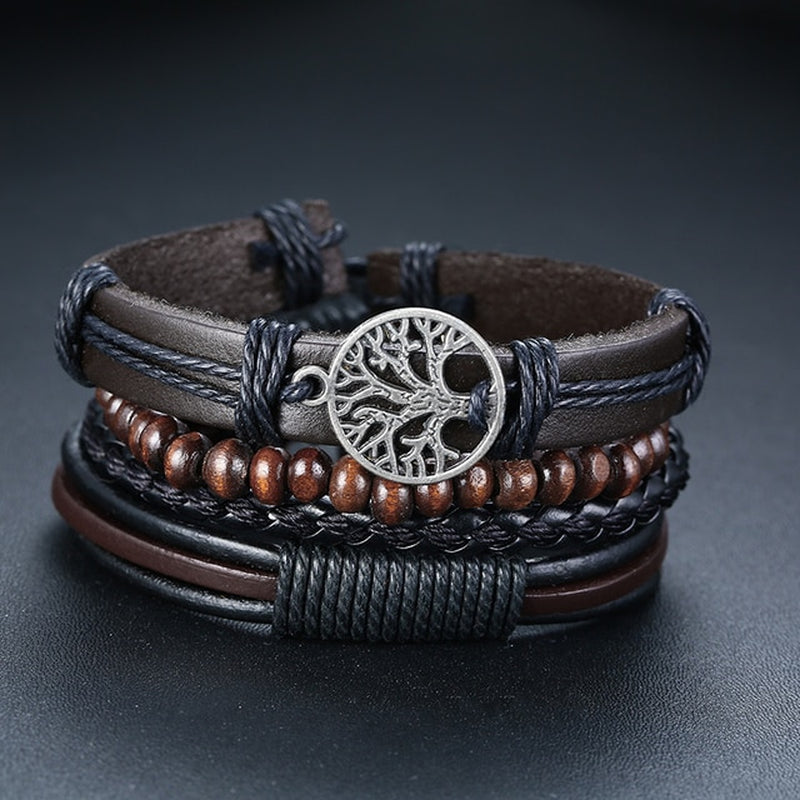 Mix 4Pcs/ Set Braided Wrap Leather Bracelets for Men Women Vintage Wooden Beads Ethnic Tribal Wristbands Bracelet Rudder