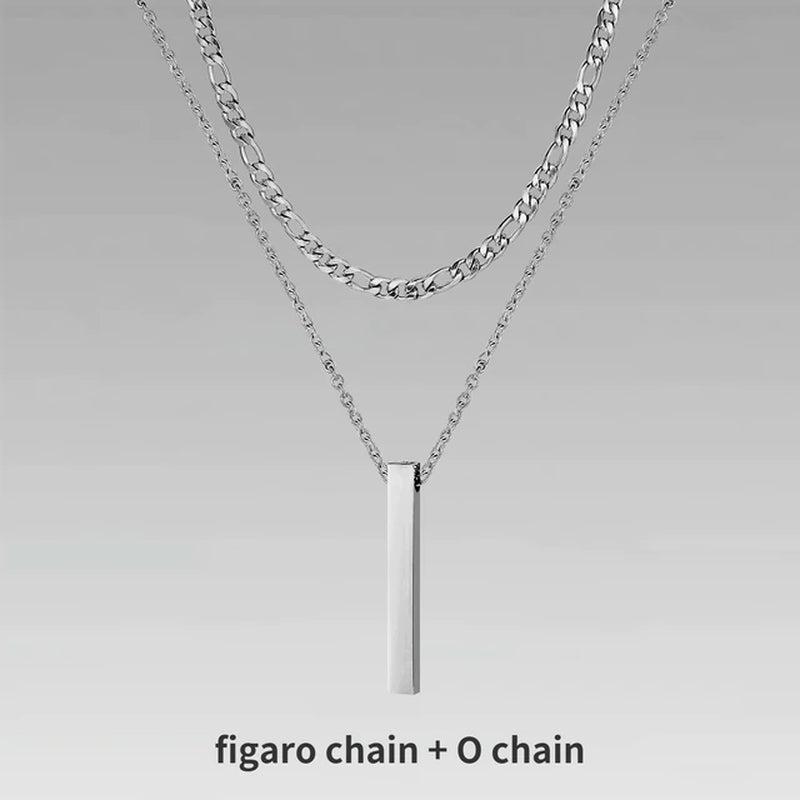 3D Vertical Bar Necklaces for Men, Layering Stainless Steel Geometric Pendant, Layered Wheat Rope Cuban Chain, Boy Collar