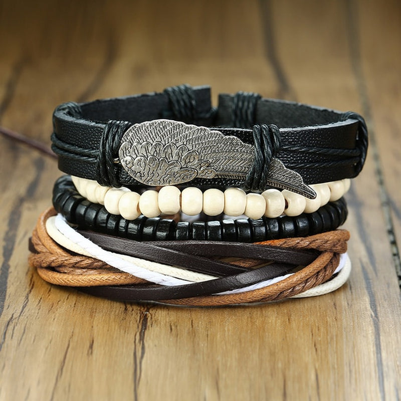 Mix 4Pcs/ Set Braided Wrap Leather Bracelets for Men Women Vintage Wooden Beads Ethnic Tribal Wristbands Bracelet Rudder