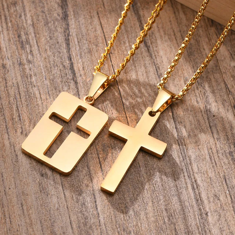 Simple Plain Cross Pendant and Dogtag Duo Necklace Set for Men Women,High Polished Stainless Steel Christian Prayer Jewelry