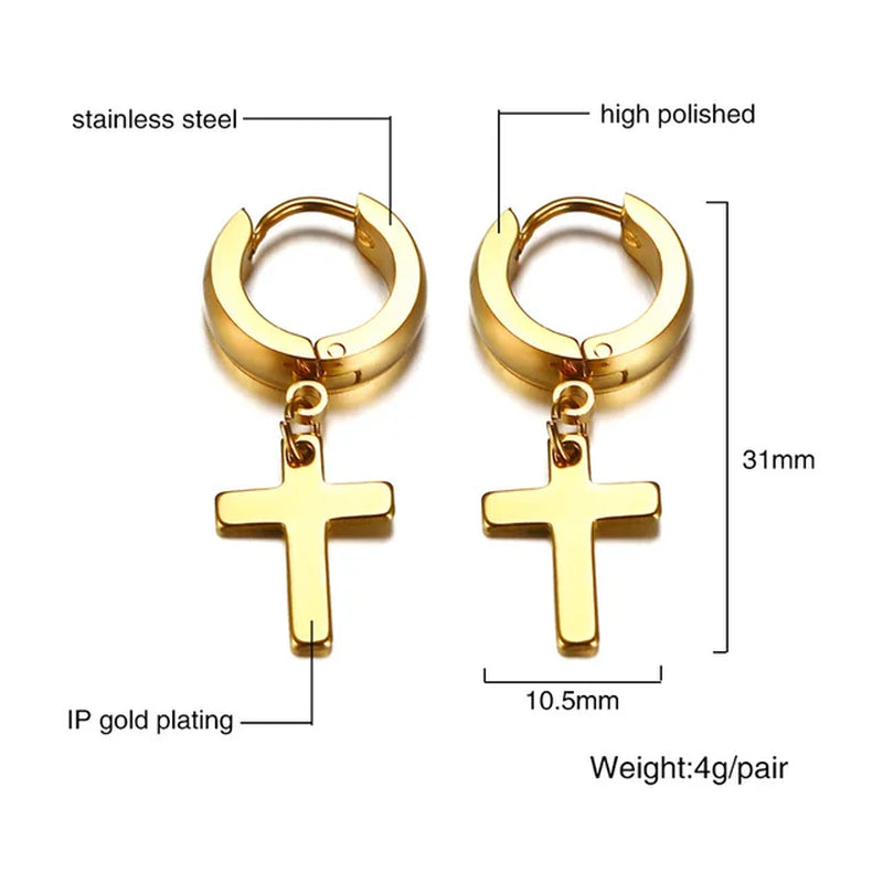 Simple Cross Dangle Earrings for Men Women Minimalist Stainless Steel Drop Small Hoop Metal Ear Jewelry anti Allergy