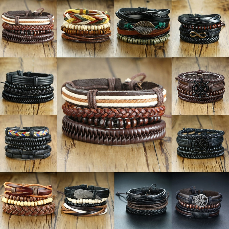 Mix 4Pcs/ Set Braided Wrap Leather Bracelets for Men Women Vintage Wooden Beads Ethnic Tribal Wristbands Bracelet Rudder