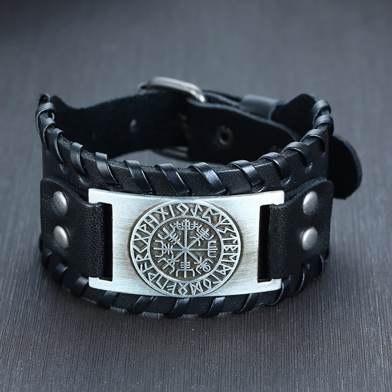 Men'S Rock Punk Wolf Viking Leather Wrap Bracelets Vintage Compass Charm Male Wrist Jewelry Length Adjustable