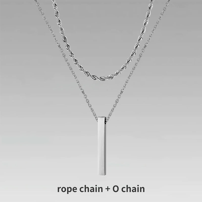 3D Vertical Bar Necklaces for Men, Layering Stainless Steel Geometric Pendant, Layered Wheat Rope Cuban Chain, Boy Collar