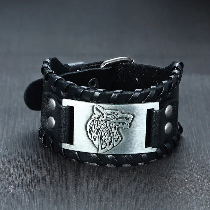 Men'S Rock Punk Wolf Viking Leather Wrap Bracelets Vintage Compass Charm Male Wrist Jewelry Length Adjustable