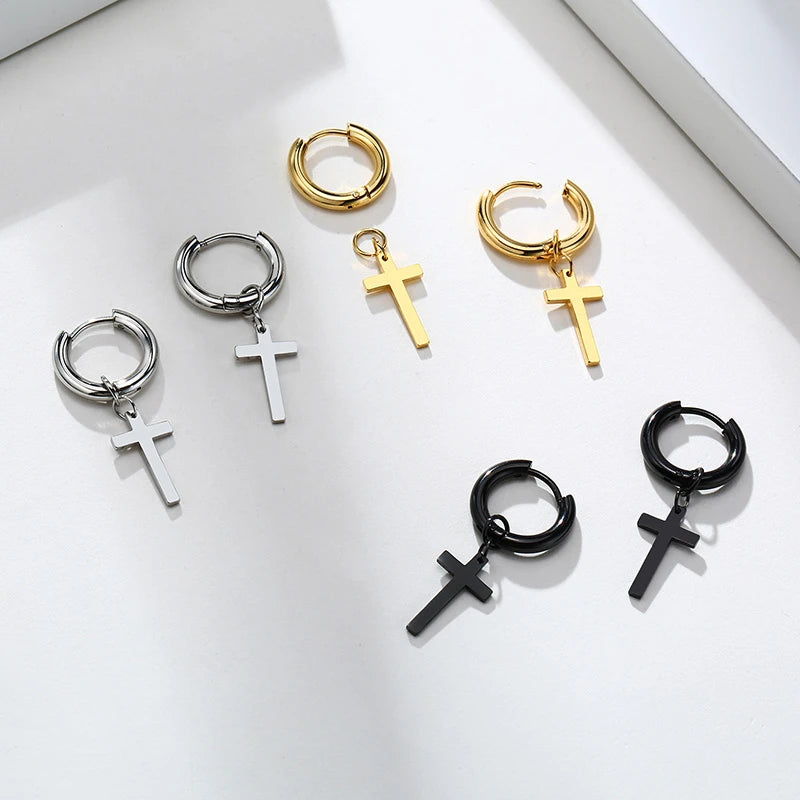 Simple Cross Dangle Earrings for Men Women Minimalist Stainless Steel Drop Small Hoop Metal Ear Jewelry anti Allergy