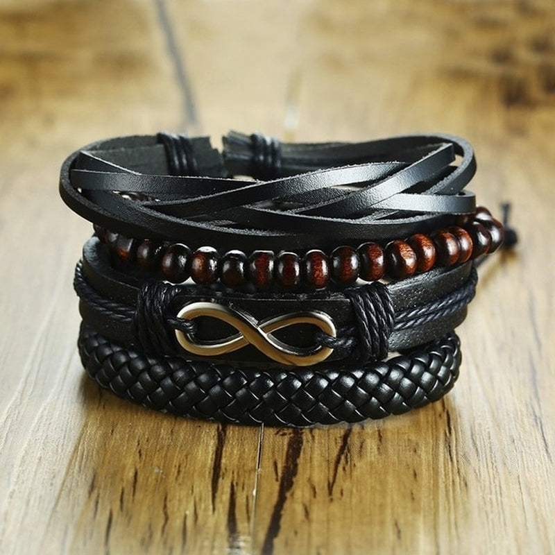 Mix 4Pcs/ Set Braided Wrap Leather Bracelets for Men Women Vintage Wooden Beads Ethnic Tribal Wristbands Bracelet Rudder