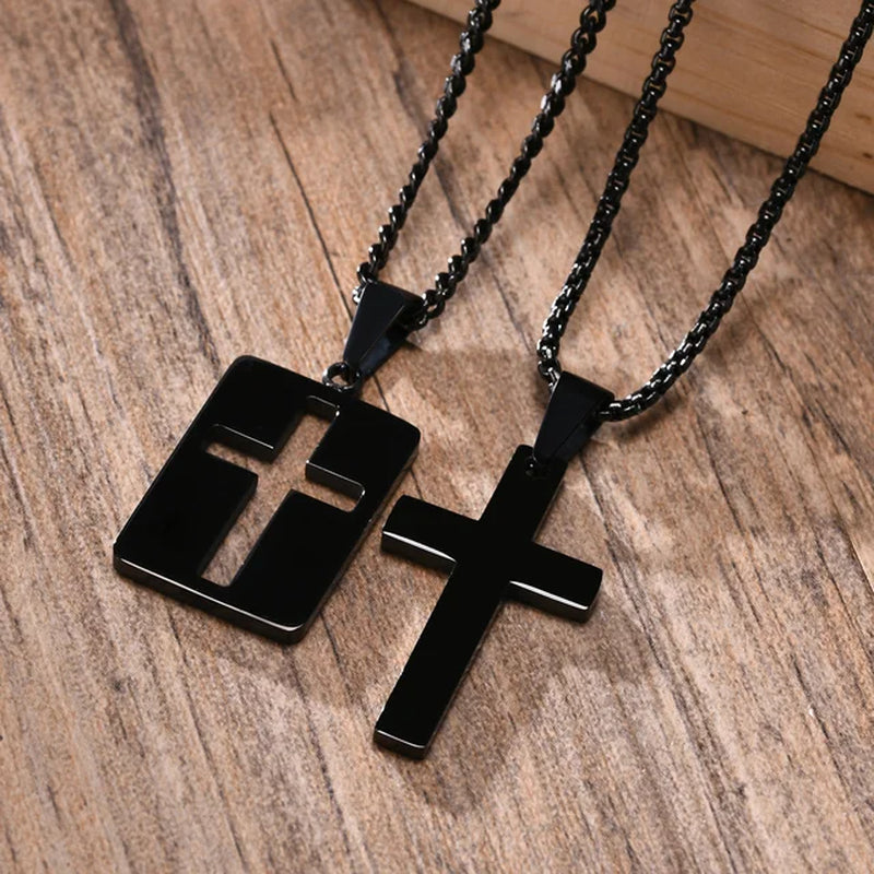 Simple Plain Cross Pendant and Dogtag Duo Necklace Set for Men Women,High Polished Stainless Steel Christian Prayer Jewelry